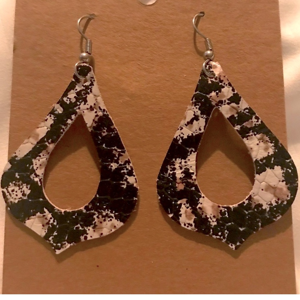 Large Leather Earrings, black/white/gold